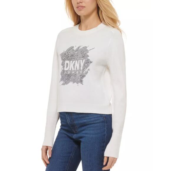 DKNY JEANS Women's Crewneck Sweater XXS Ivory White Sequin Logo Cotton Blend NWT - Picture 2 of 13